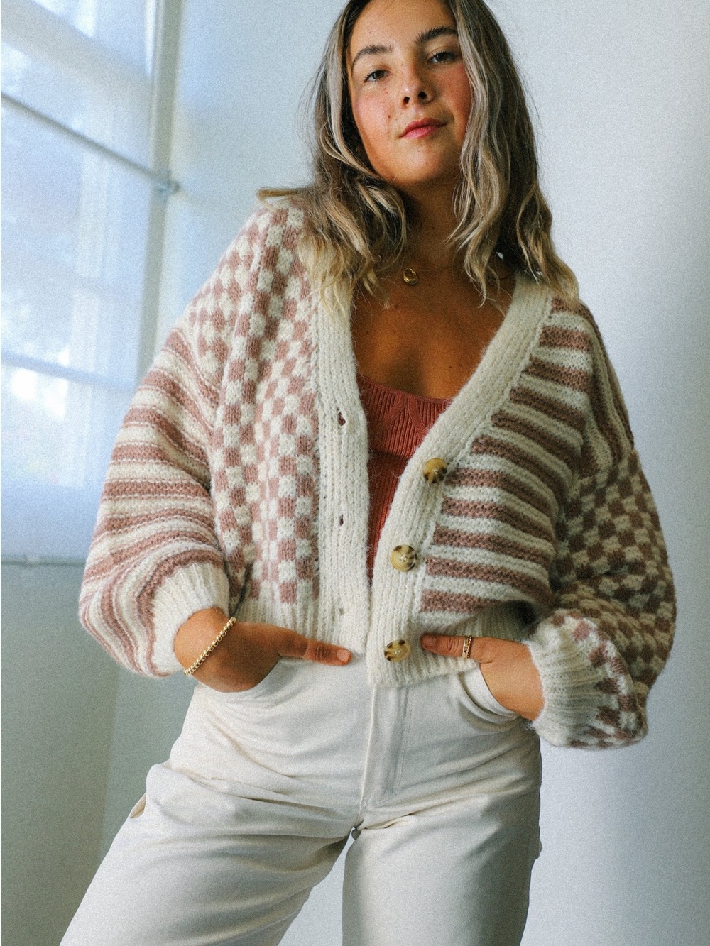 Altar’d State Cozy Check & Stripe V-Neck Cardigan Sweater
